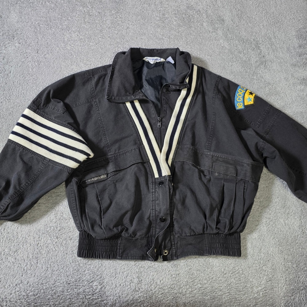 Le Coq Sportif Mens L Bomber Jacket Black Vintage Cotton Striped Trim Patch
